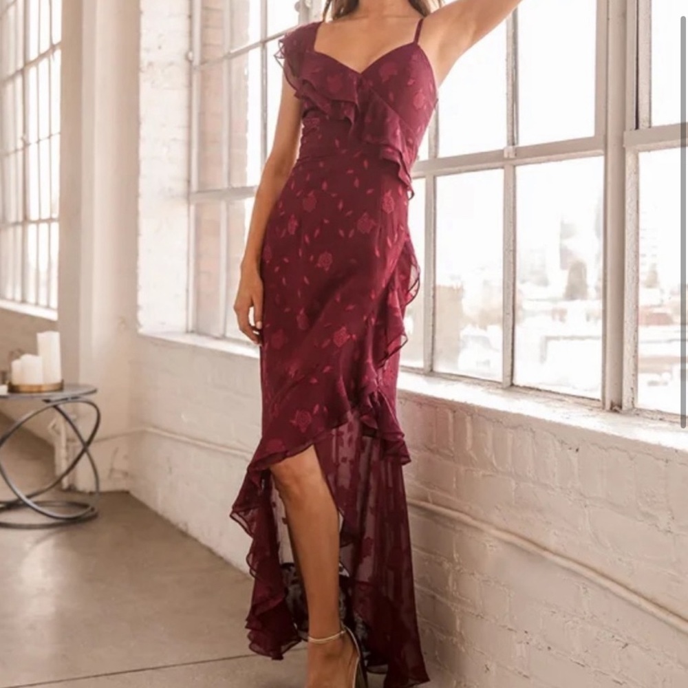 Forever Be Burgundy Floral Jacquard Ruffled Maxi Dress